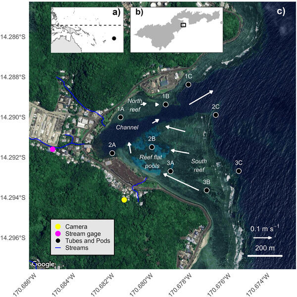 Maps of the study area and instrumentation in Faga'alu Bay