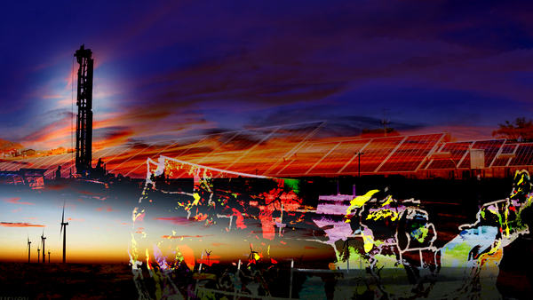 Collage of oil rig, solar panels, wind mills, and minerals map. 