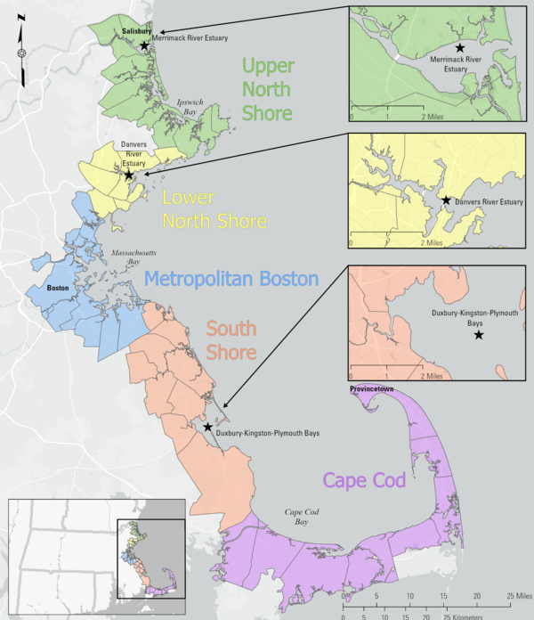 A map of Massachusetts coast that is color coordinated by different sections. 