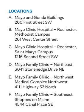 Screenshot of the Mayo Clinic location list from their official Mayo Clinic Campus Maps brochure.