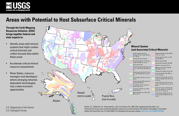 Map of US with color coded areas across the nation, Alaska, Hawaii and PR showing 23 different mineral systems. 