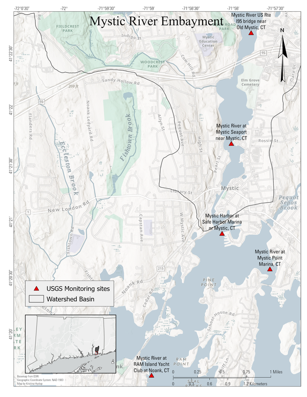Map of Mystic River in Connecticut at Long Island Sound
