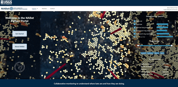 zooming out of a map of north america with bars representing number of bats in a location