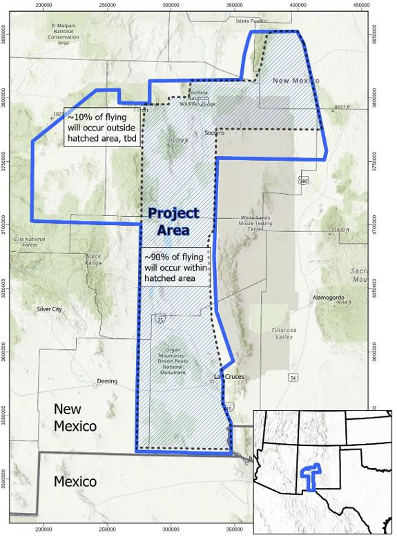 Map of southern and central New Mexico with a shaded survey area marked across several counties.