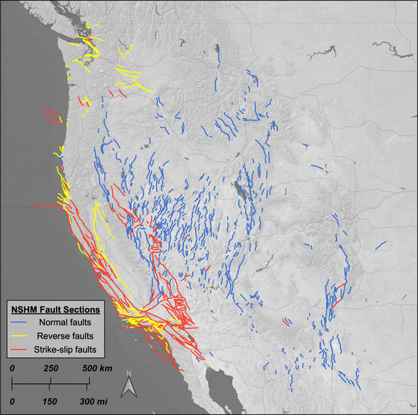 gray relief map of western U.S. with red, yellow, and blue faults