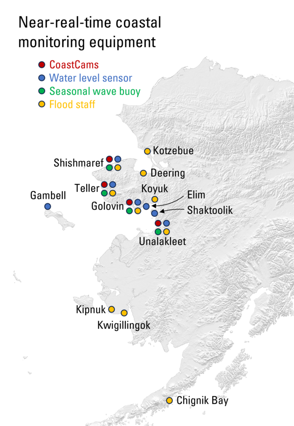 Map showing locations near-real time coastal monitoring equipment in western Alaska