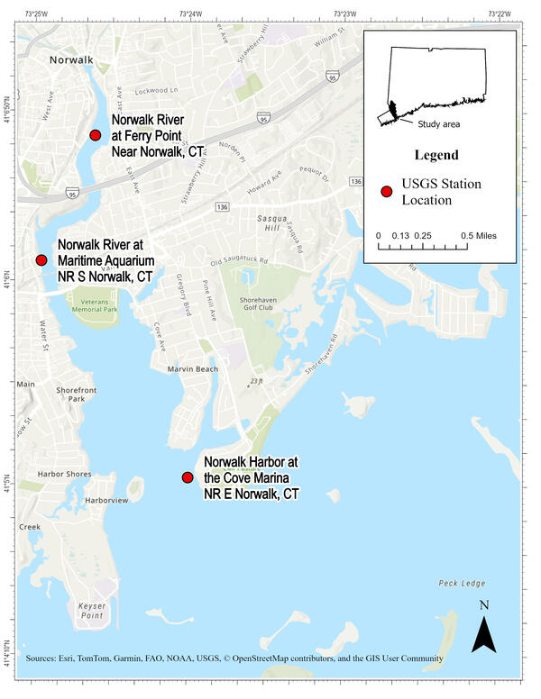 A map of sampling sites on the lower Norwalk River.