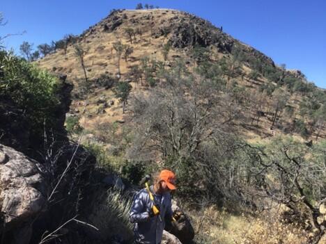 A geologist wearing an orange cap, blue shirt, and work gloves holds a rock and a large sledgehammer. He is standing in a brushy clearing amid large gray boulders. Behind him, a steep rounded hill is scattered with similar boulders and topped by a thick lava flow covered in spindly trees and sagebrush.