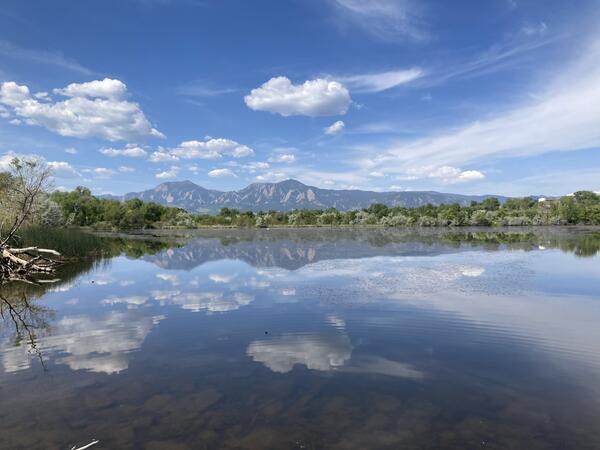 Landscape view of body of water surrounded by green vegetation with mountain, blue sky and white clouds in the background
