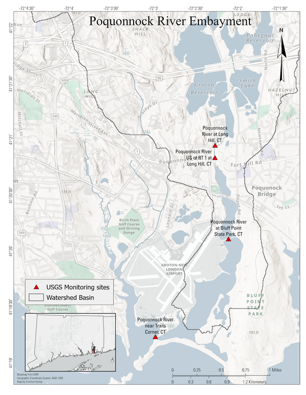 Map of Poquonnock River in Connecticut at Long Island Sound with embayment monitoring sites. 