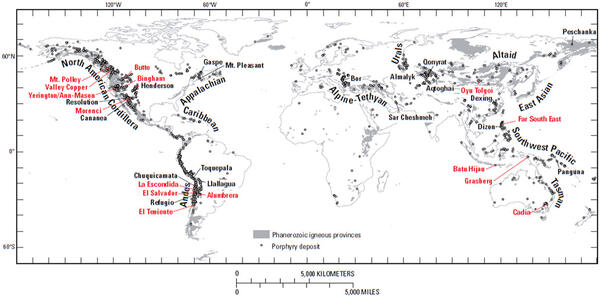 Map showing global porphyry copper deposits from John and others (2010)