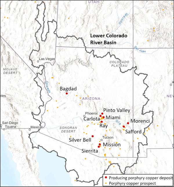 Map showing major porphyry copper mines and porphyry copper prospects in and near the Lower Colorado River Basin