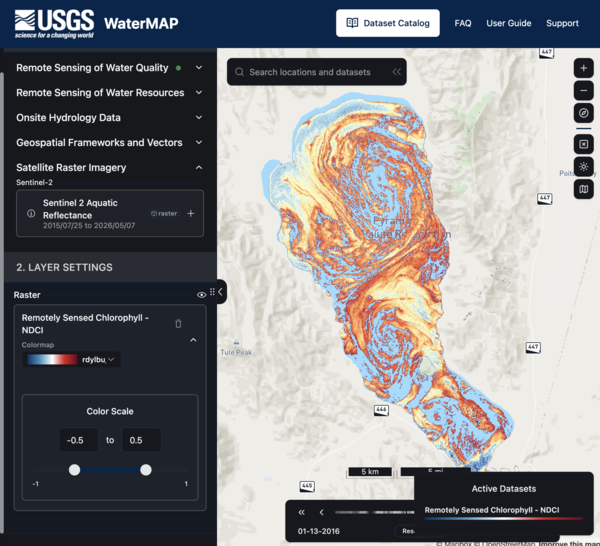 WaterMAP of Pyramid Lake showing chloropyll with colored bands