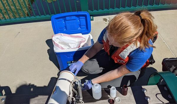 Scientist collecting water samples on bridge