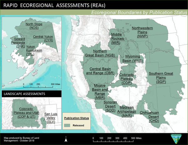 polygons representing rapid ecoregional assessments, ecoregional boundaries by publication status, on maps of the western US 