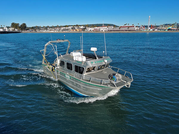 The Research Vessel Parke Snavely conducting a bathymetric survey near the Santa Cruz waterfront.