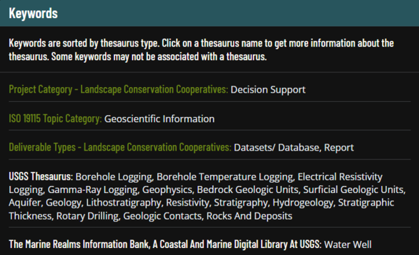 Screen shot of keywords for ReSciColl