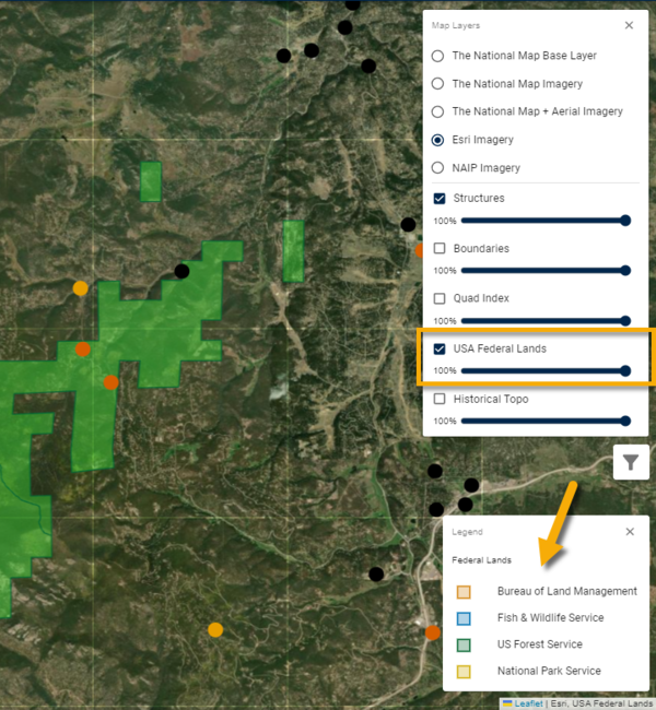 Drop down menu of the Map Layers list with a yellow box around the USA Federal Lands layer selection