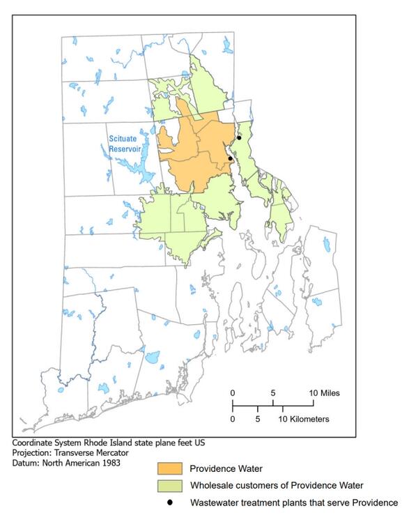 A map of Rhode Island with sections highlighted in orange and green.