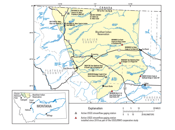 Figure 1. Location and boundary Blackfeet Indian Reservation including U.S. Geological Survey water monitoring stations.  