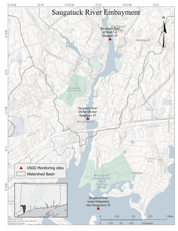 Map of locations of Saugatuck River embayment monitoring sites in Connecticut. 