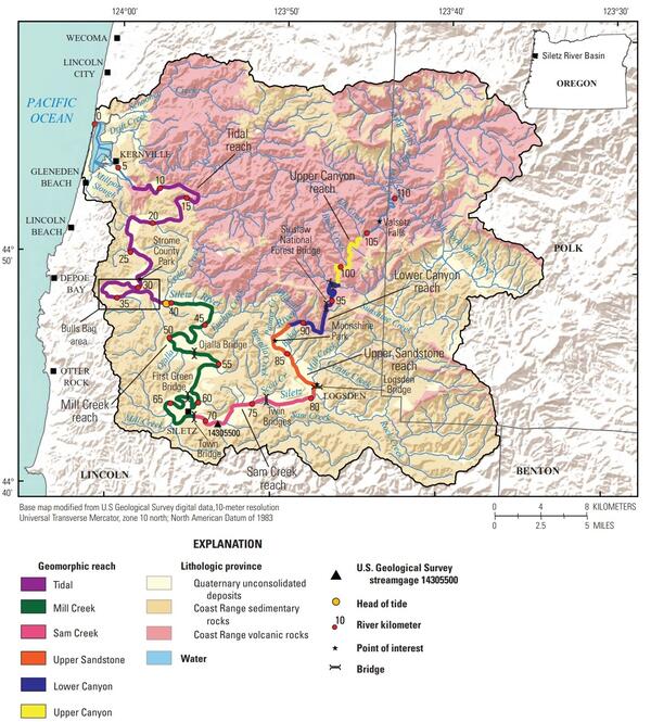 Siletz river basin outlined. Horseshoe shaped river path flows N to S then S to N to meet the ocean south of Lincoln city