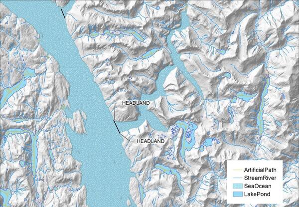 A map showing a grayscale elevation surface and blue representing a Sea/ocean feature. There are black lines at inlets.