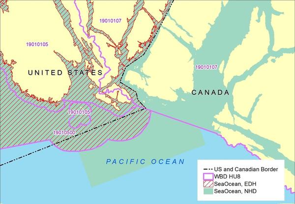 A map showing the US/Canadian border in dashed lines and elevation-derived Sea/ocean feature in red hash lines. 
