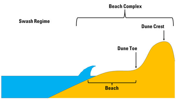 An illustration of a beach complex showing the relative level that the water reaches during everyday conditions
