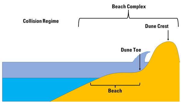 An illustration of a beach complex showing a "collision regime" - a type of storm impact on a dune system