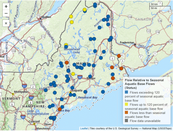 A map displaying the comparison of streamflow in Maine to seasonal aquatic base flow