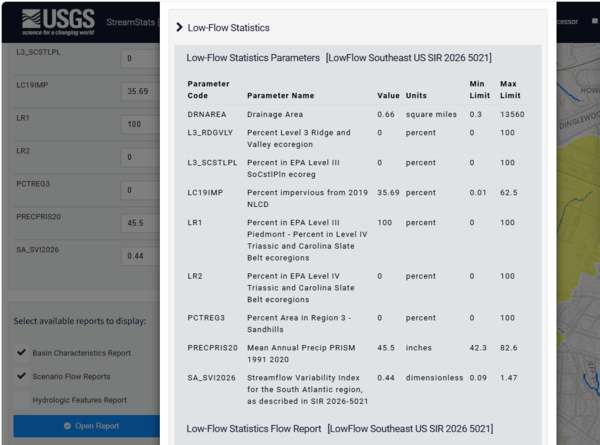 Low-Flow Statistics Flow Report, USGS Streamstats