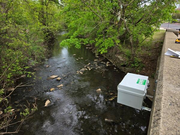 A radar flood sensor deployed on the downstream side of a PennDOT bridge 