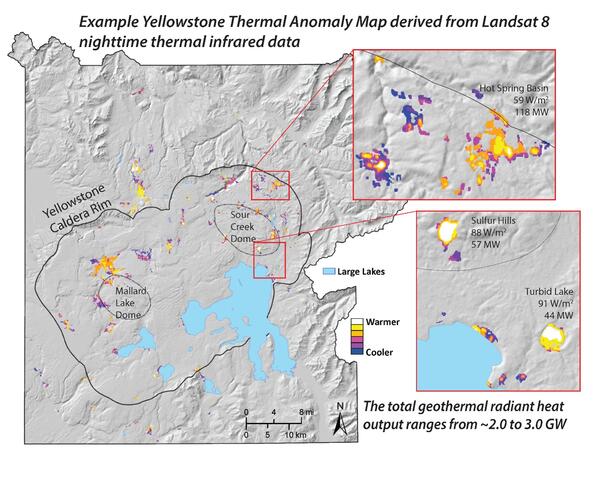 a map of the Yellowstone area overlaid with Landsat 8 thermal signatures