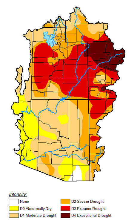 Map showing drought conditions in the National Weather Service Colorado River Basin River Forecast Area, April 7, 2026