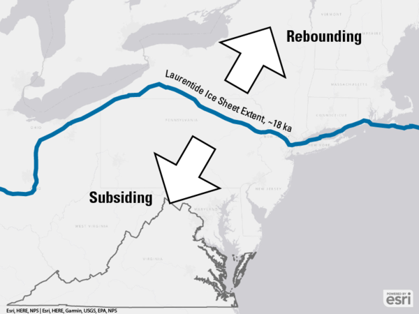 A map showing the extent of the Laurentide ice sheet at ~18 ka, showing subsidence south of the margin and uplift north.