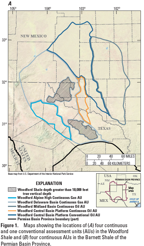 Map of West Texas and eastern New Mexico showing Woodford Shale oil and gas assessment units as colored outlines.