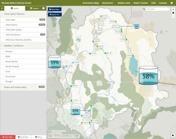 Screenshot of web app showing interactive map display of the Walker River Basin.