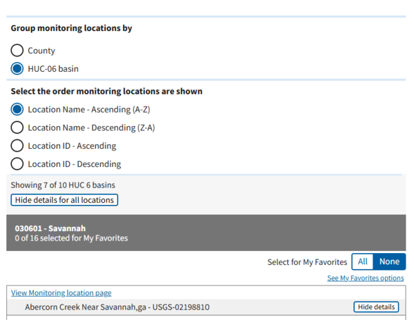 Water Data Grouping and Sorting Options