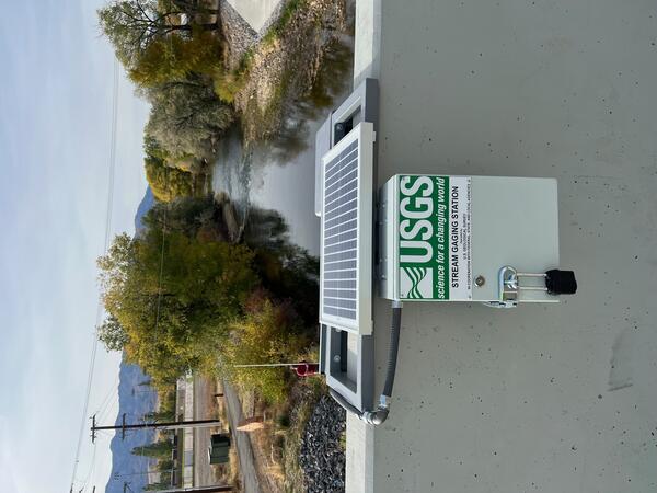Completed gaging station with Weber River in background.