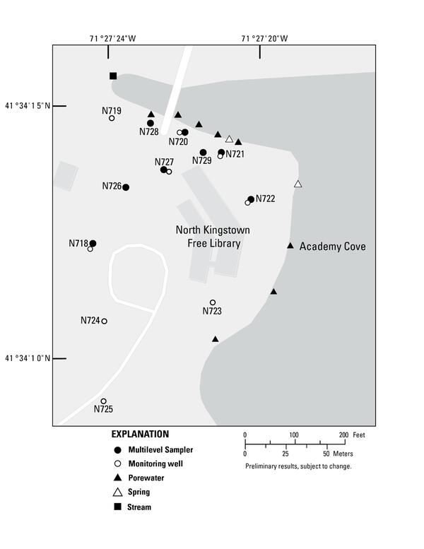 Map of study area near Academy Cove showing locations of wells and samplers