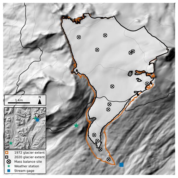 Map showing glacier extent in 1972 vs. 2020