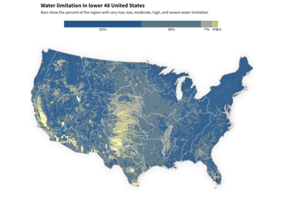 Water limitation across the lower 48 United States, shown as the average from 2010 to 2020 for each watershed. 