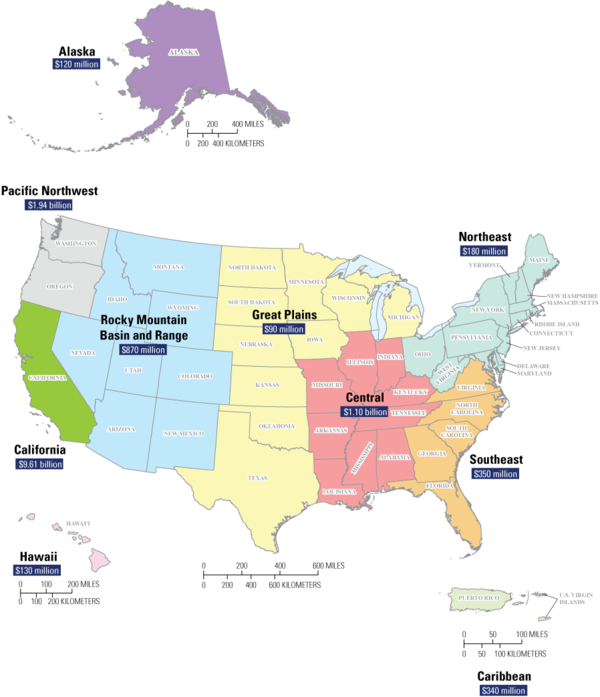 Map of the United States and its territories showing the distribution of average annualized earthquake losses by region (modified from Jaiswal and others, 2023). Economic losses from earthquakes in these nine regions are estimated to average $14.7 billion dollars per year.