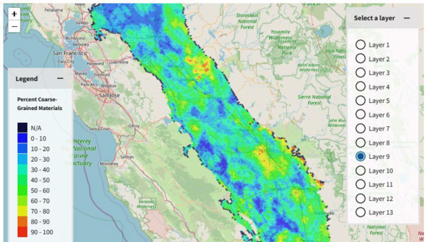 Interactive map showing how much coarse material is in each layer of the Central Valley Hydrologic Model.
