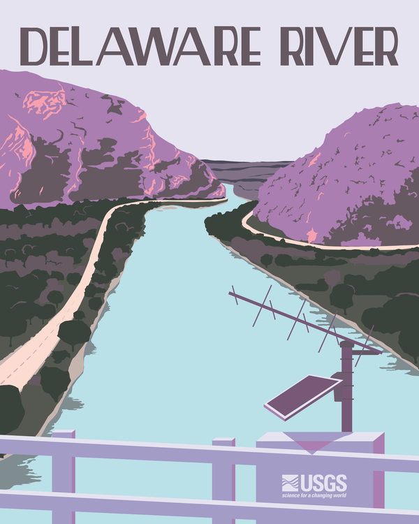  Vintage-style poster of the Delaware River near the Delaware Water Gap with a USGS gage on the bridge in the foreground.