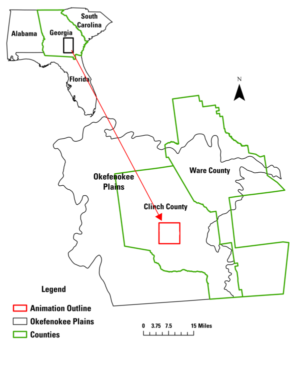 Map showing southeastern US in the upper left with an arrow from Georgia leading to a section of the state in the lower right