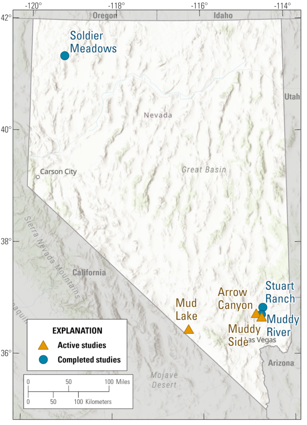Map of Nevada showing streamflow modeling study sites as colored triangles and circles, mostly in the south.