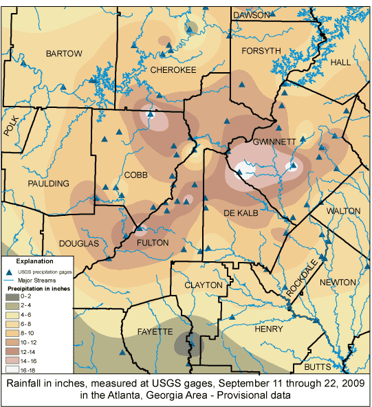 Map of cumulative rainfall recorded at USGS gages Sept. 11-22, 2009. Provisional data. Flooding on Sept. 21, 2009