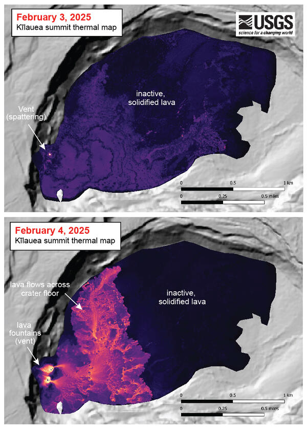 Color plots showing maps of temperature on crater floor where eruption is occurring 